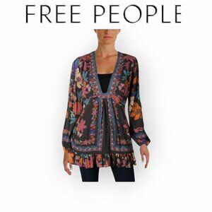 Free People Violet Hill Boho Peasant Tunic Floral Embroidered Blouse Size 2